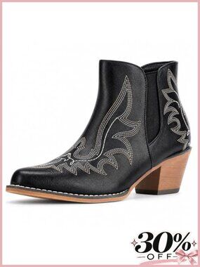 WOKOOT Women's Ankle Cowboy Boots Faux Leather Western Booties Snip Toe Block